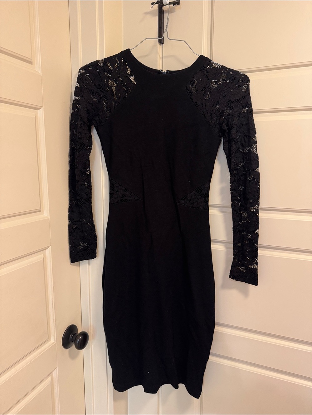 French Connection Black Long Sleeve Lace Panel Bodycon Dress